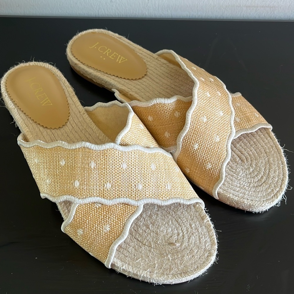 J. Crew Scalloped Polka-Dot‎ Slide Raffia Sandals Jute Woven Size 8